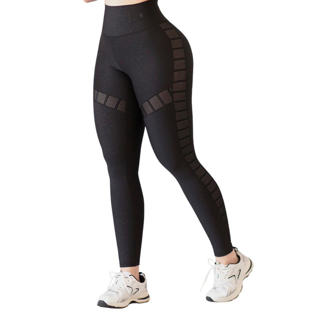 Leggings Deportivos para Mujer Fitness: Efecto Básico, Cintura Alta, Textil Lycra Transpirable con Relieves Estelar y Transparencia, Color Negro | Adriana Olimpo