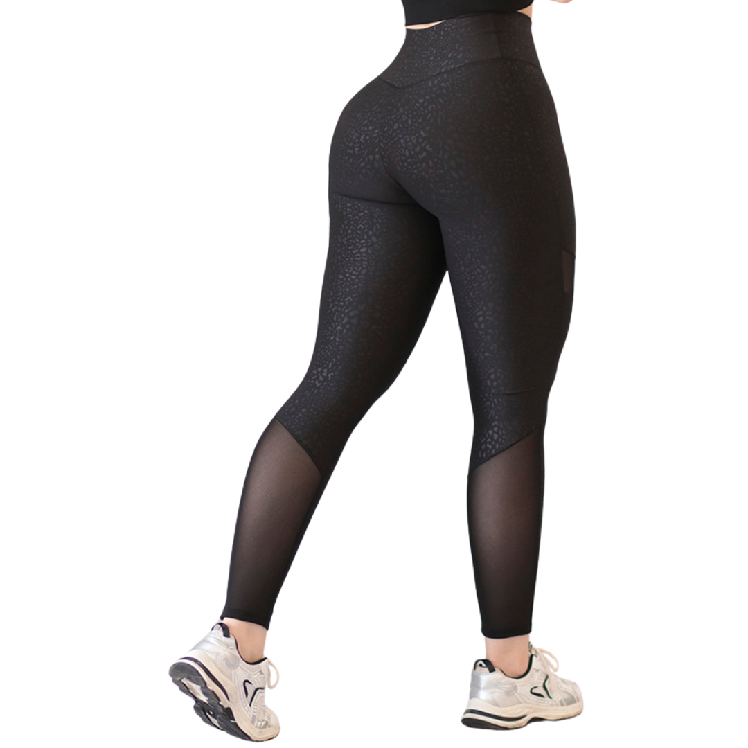 Leggins Deportivos para Mujer Fitness: Efecto Básico, Cintura Alta, Textil Lycra Transpirable con Relieves Mini Print y Transparencia, Color Negro | Adriana Olimpo