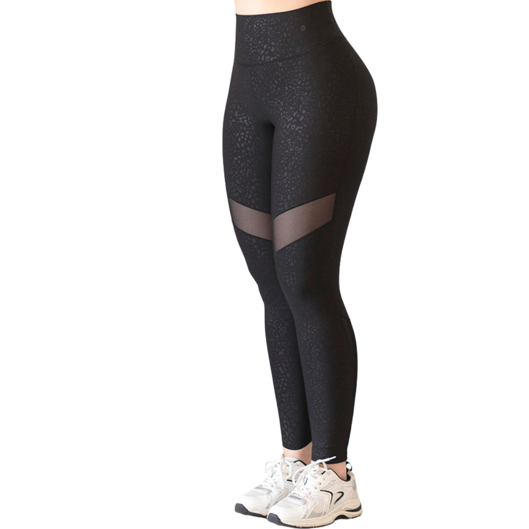 Leggins Deportivos para Mujer Fitness: Efecto Básico, Cintura Alta, Textil Lycra Transpirable con Relieves Mini Print y Transparencia, Color Negro | Adriana Olimpo