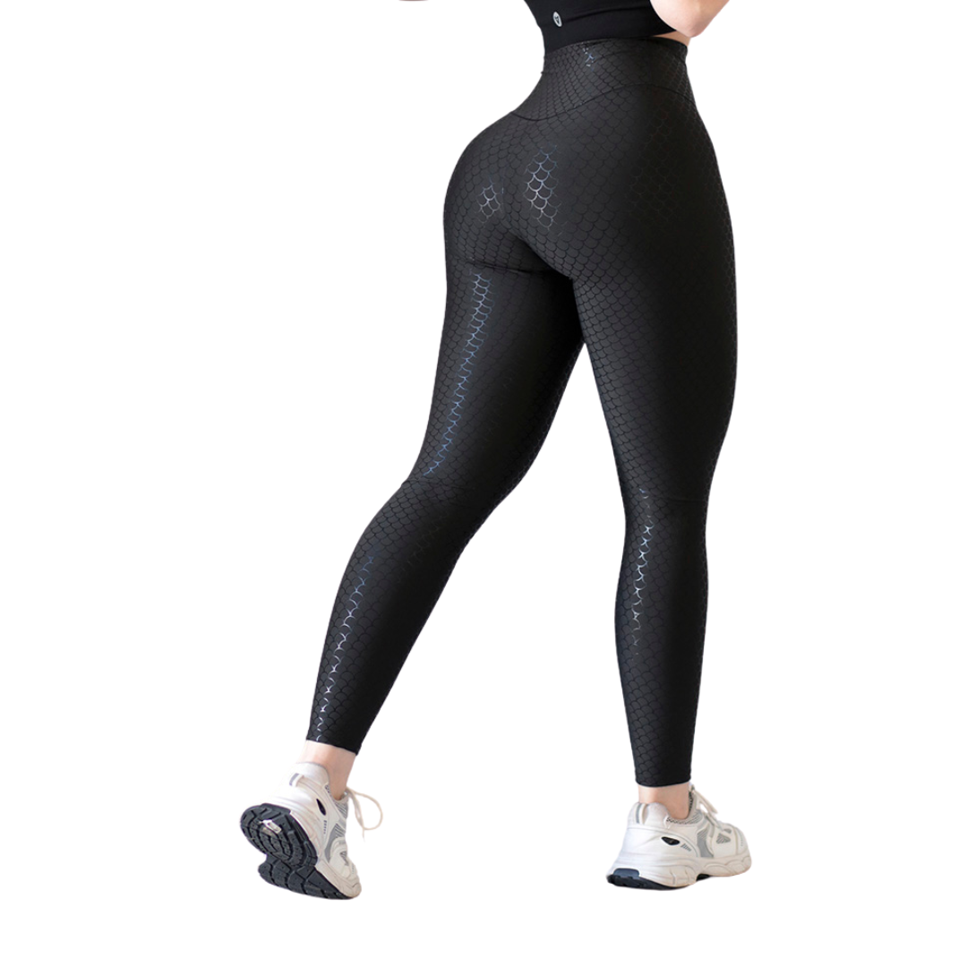 Leggings Deportivos para Mujer Fitness: Efecto Básico, Cintura Alta, Textil Lycra Transpirable con Destellos Reflectantes✨ y Relieves Sirena, Color Negro | Adriana Olimpo