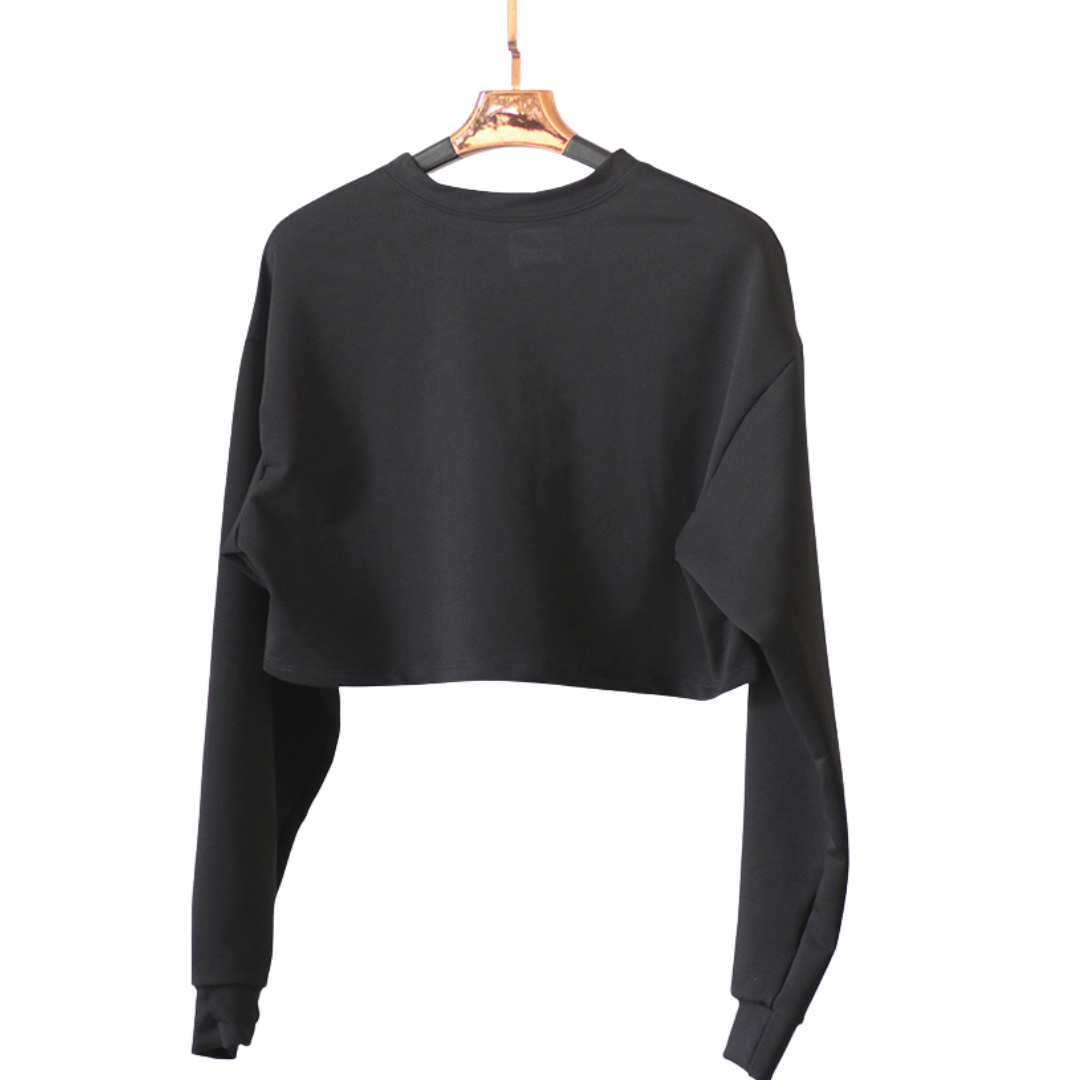 Sudadera deportiva para mujer, manga larga, textil algodón transpirable con acabado liso. Color negro | Adriana Olimpo