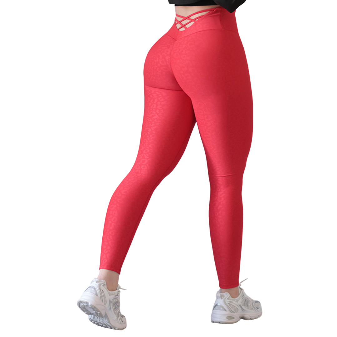 Leggings Deportivos para Mujer Fitness: Efecto Push Up, Cintura Alta, Textil Lycra Transpirable con Relieves Felina, Color Roja | Adriana Olimpo
