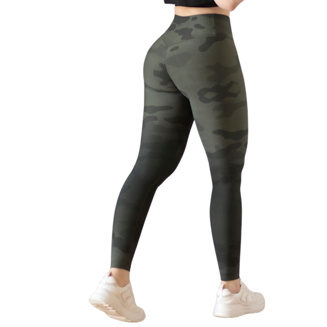 Leggings Deportivos para Mujer Fitness: Efecto Push Up, Cintura Alta, Textil Lycra Transpirable con Acabado Liso Camu Degradado, Color Verde Militar | Adriana Olimpo