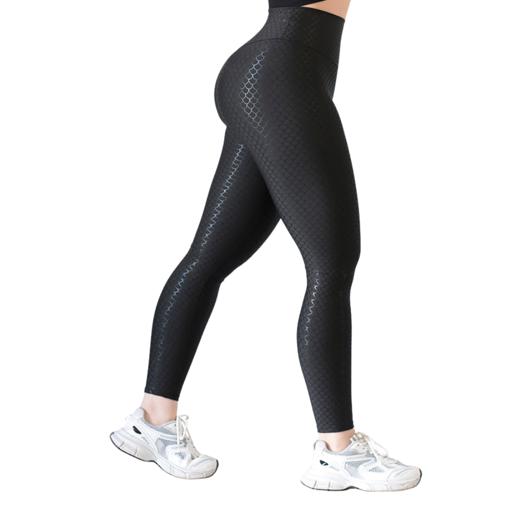 Leggings Deportivos para Mujer Fitness: Efecto Básico, Cintura Alta, Textil Lycra Transpirable con Destellos Reflectantes✨ y Relieves Sirena, Color Negro | Adriana Olimpo