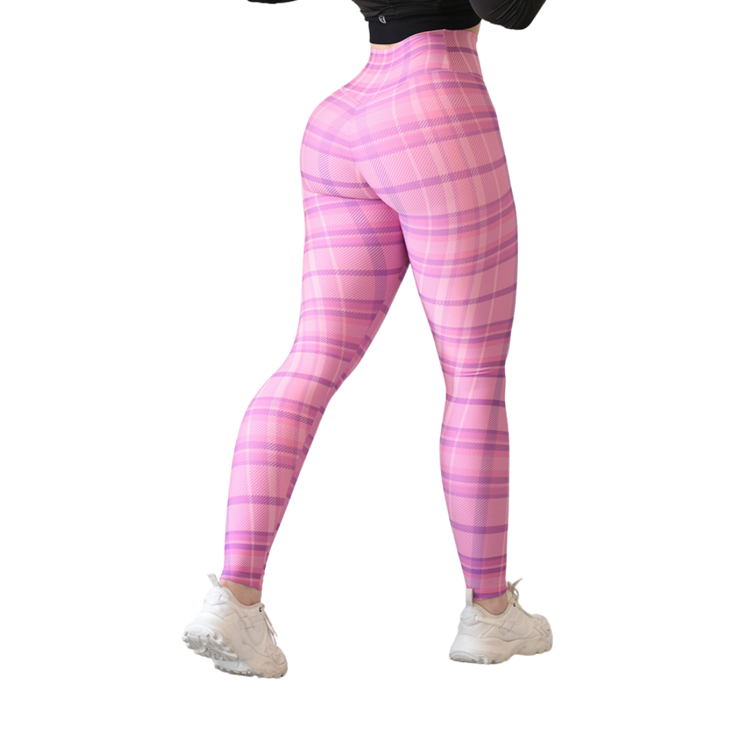 Leggings Deportivos para Mujer Fitness: Efecto Push Up, Cintura Alta, Textil Lycra Transpirable con Acabado Liso, Color Rosa Cuadros | Adriana Olimpo