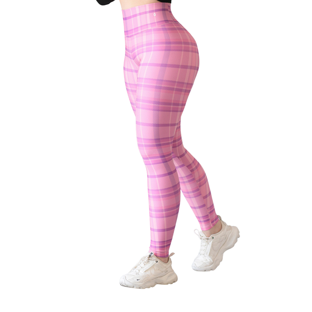 Leggings Deportivos para Mujer Fitness: Efecto Push Up, Cintura Alta, Textil Lycra Transpirable con Acabado Liso, Color Rosa Cuadros | Adriana Olimpo