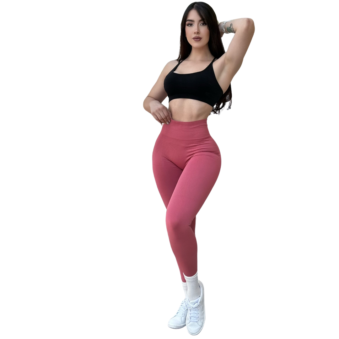 Leggings Deportivos para Mujer Fitness: Seamless Efecto Push Up y Burbuja, Cintura Alta, Textil Tejido Liso Suave Transpirable , Color Rosa Cayene | Adriana Olimpo