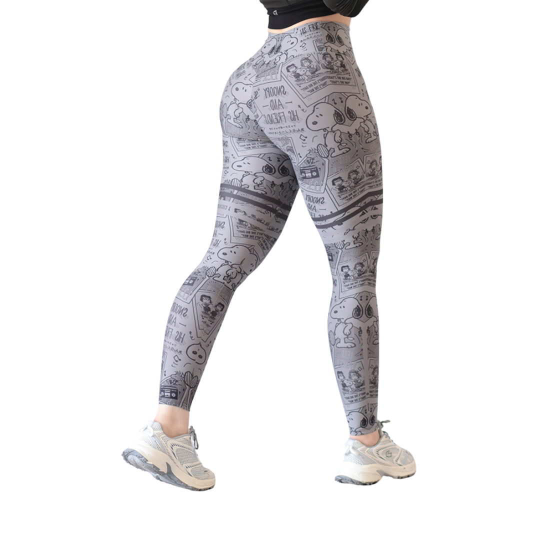 Leggings Deportivos para Mujer Fitness: Efecto Push Up, Cintura Alta, Textil Lycra Transpirable con Acabado Liso, Color Gris Snoopy Adriana Olimpo