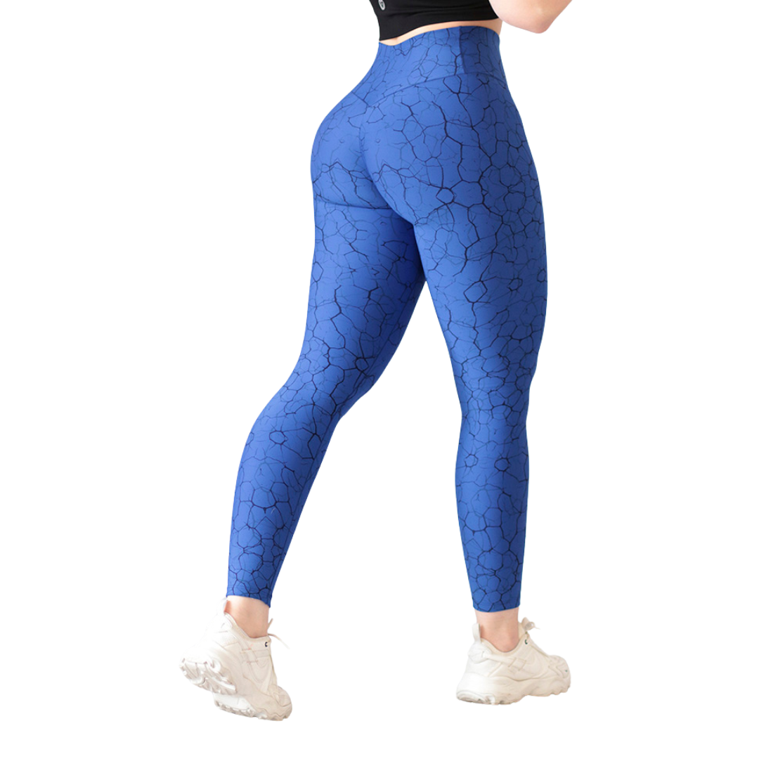 Leggings Deportivos para Mujer Fitness: Efecto Push Up, Cintura Alta, Textil Lycra Transpirable con Acabado Liso, Color Azul Craquelado | Adriana Olimpo