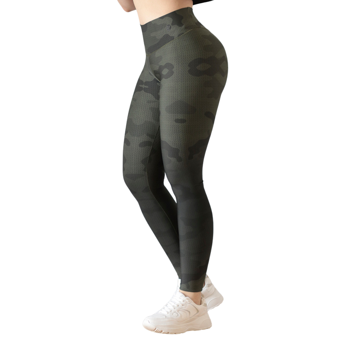 Leggings Deportivos para Mujer Fitness: Efecto Push Up, Cintura Alta, Textil Lycra Transpirable con Acabado Liso Camu Degradado, Color Verde Militar | Adriana Olimpo