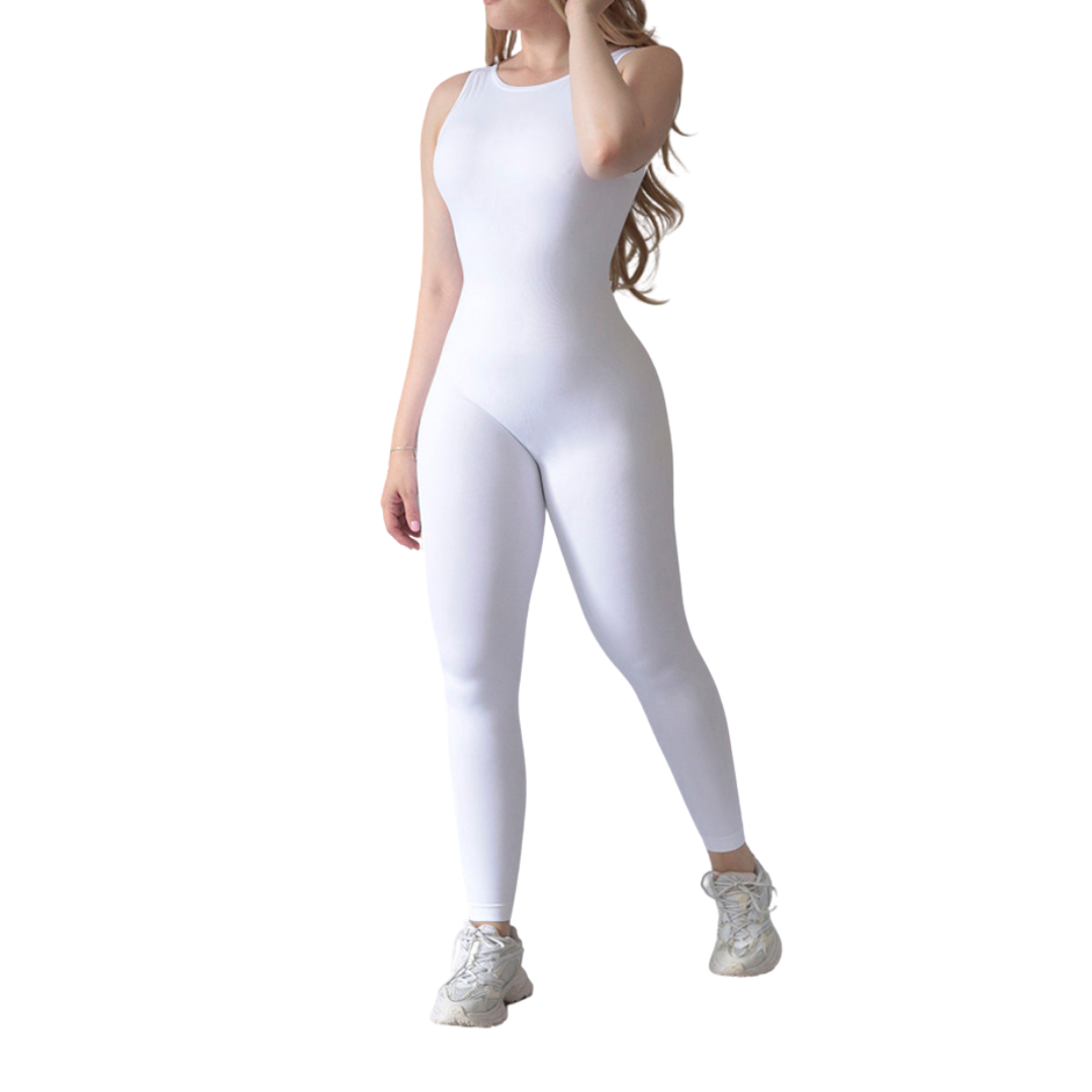 Enterizo deportivo supplex para mujer, efecto push up, textil lycra transpirable con acabado liso. Color blanco | Adriana Olimpo
