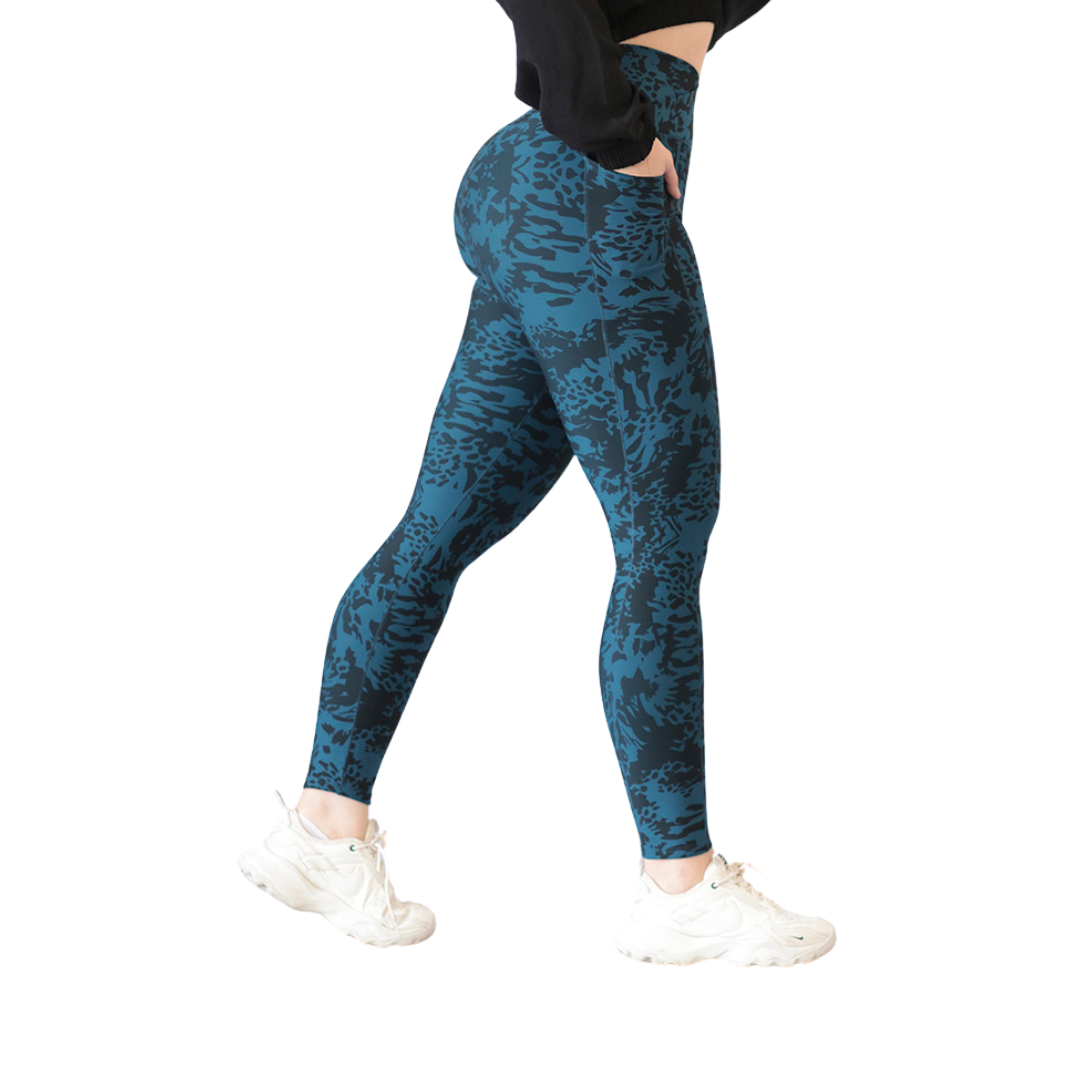 Leggings Deportivos para Mujer Fitness: Efecto Básico, Cintura Alta, Con Bolsillos Laterales, Textil Lycra Transpirable con Acabado Liso Abstracto, Color Verde Aqua | Adriana Olimpo