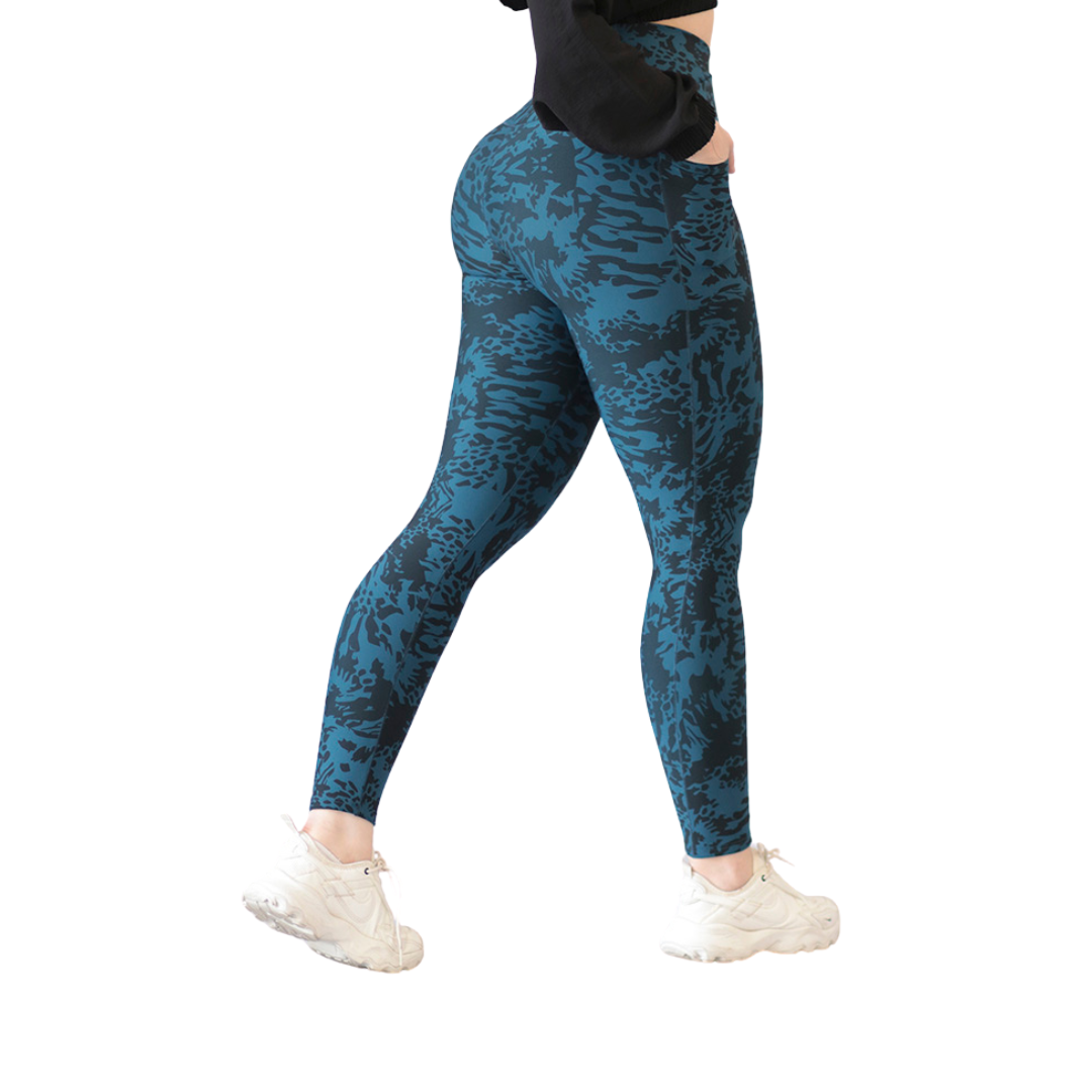 Leggings Deportivos para Mujer Fitness: Efecto Básico, Cintura Alta, Con Bolsillos Laterales, Textil Lycra Transpirable con Acabado Liso Abstracto, Color Verde Aqua | Adriana Olimpo