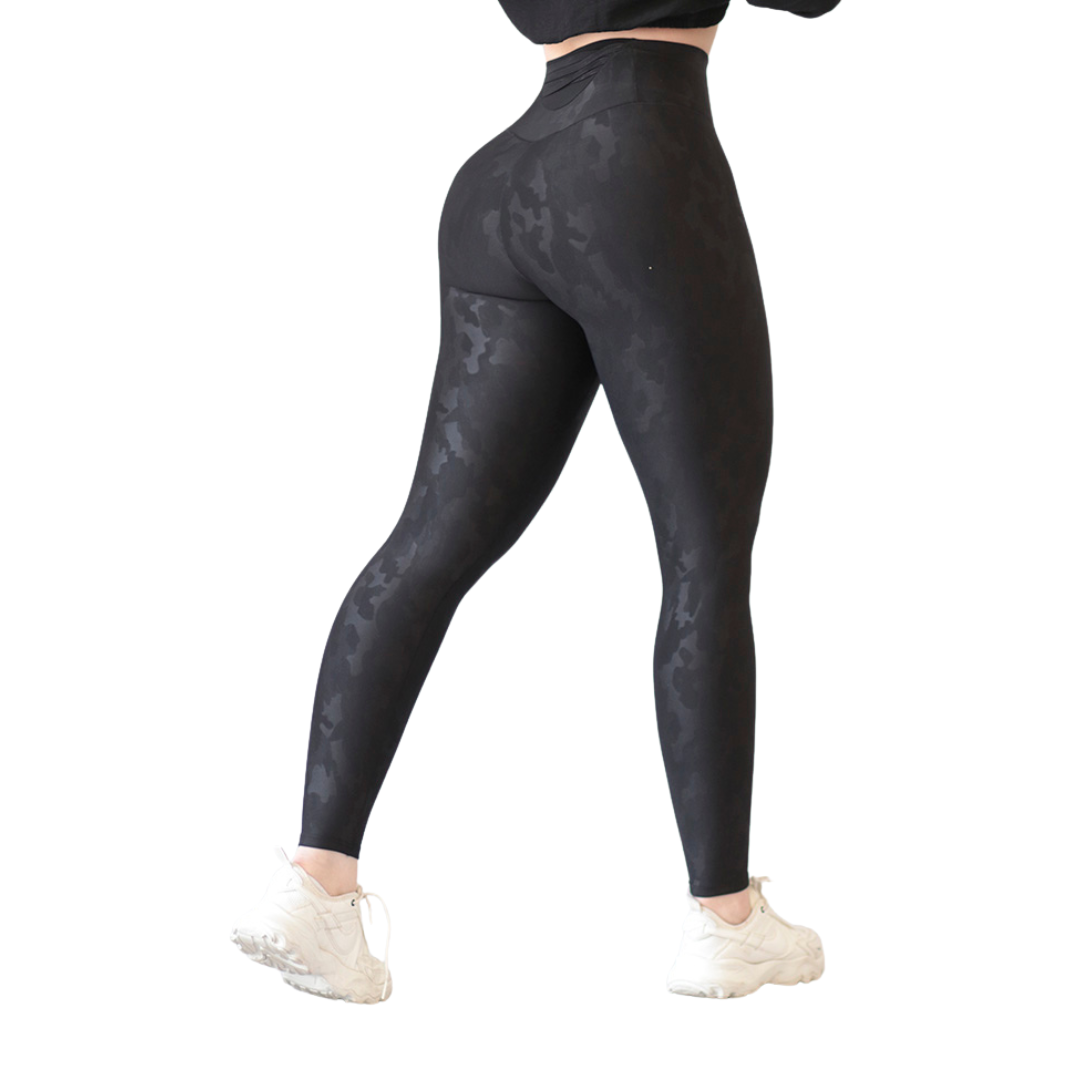 Leggings Deportivos para Mujer Fitness: Efecto Básico, Cintura Alta, Textil Lycra Transpirable con Relieves Camu, Color Negro | Adriana Olimpo