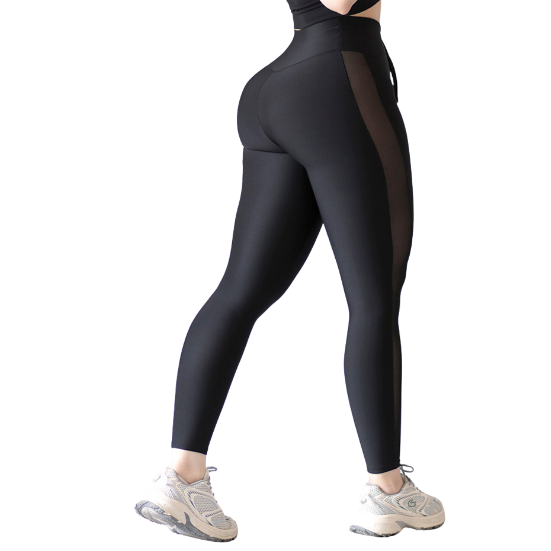 Leggings Deportivos Suplex para Mujer Fitness: Efecto Básico, Cintura Alta, Textil Lycra Transpirable con Relieves Laterales Mesh, Color Negro | Adriana Olimpo