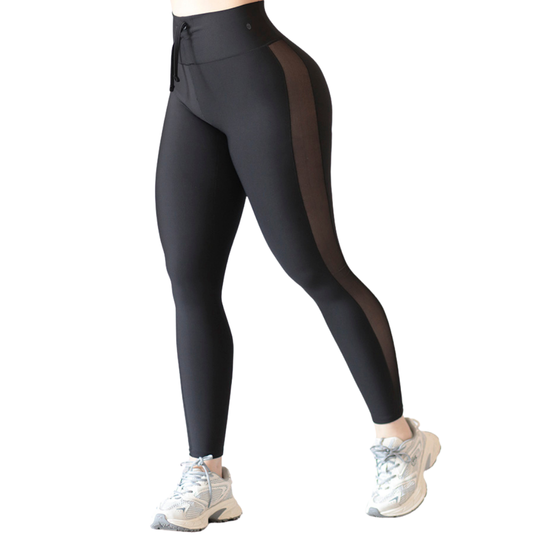 Leggings Deportivos Suplex para Mujer Fitness: Efecto Básico, Cintura Alta, Textil Lycra Transpirable con Relieves Laterales Mesh, Color Negro | Adriana Olimpo