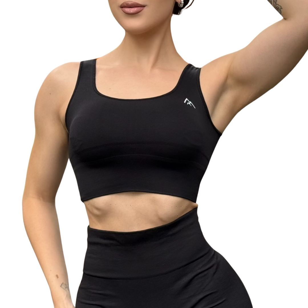 Top para Mujer Fitness: Efecto Alto Impacto Con Copas, Ajuste Perfecto, Textil Liso, Transpirable, Color Negro | Adriana Olimpo