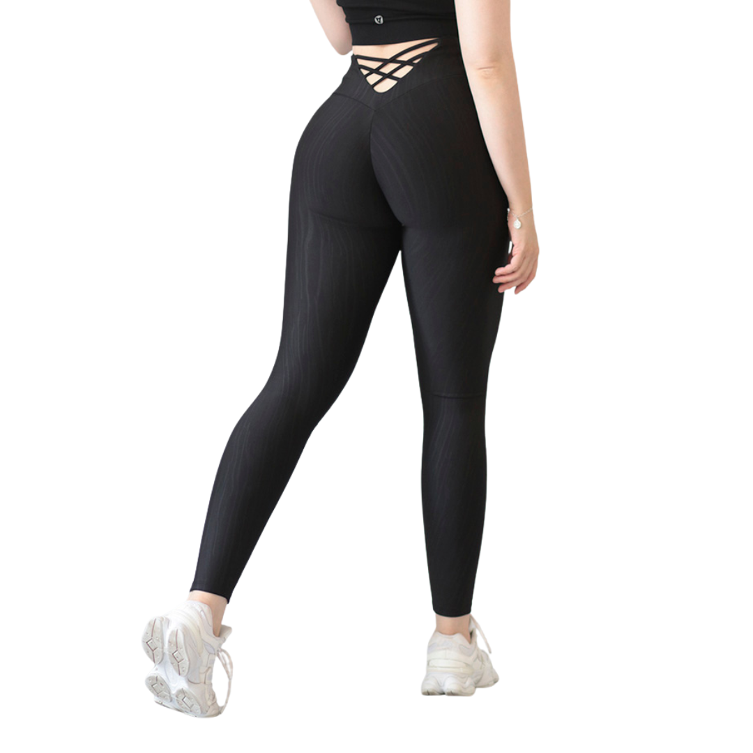 Leggings deportivos supplex para mujer, efecto push up con cintura alta, textil lycra transpirable con relieves de parota. Color negro | Adriana Olimpo