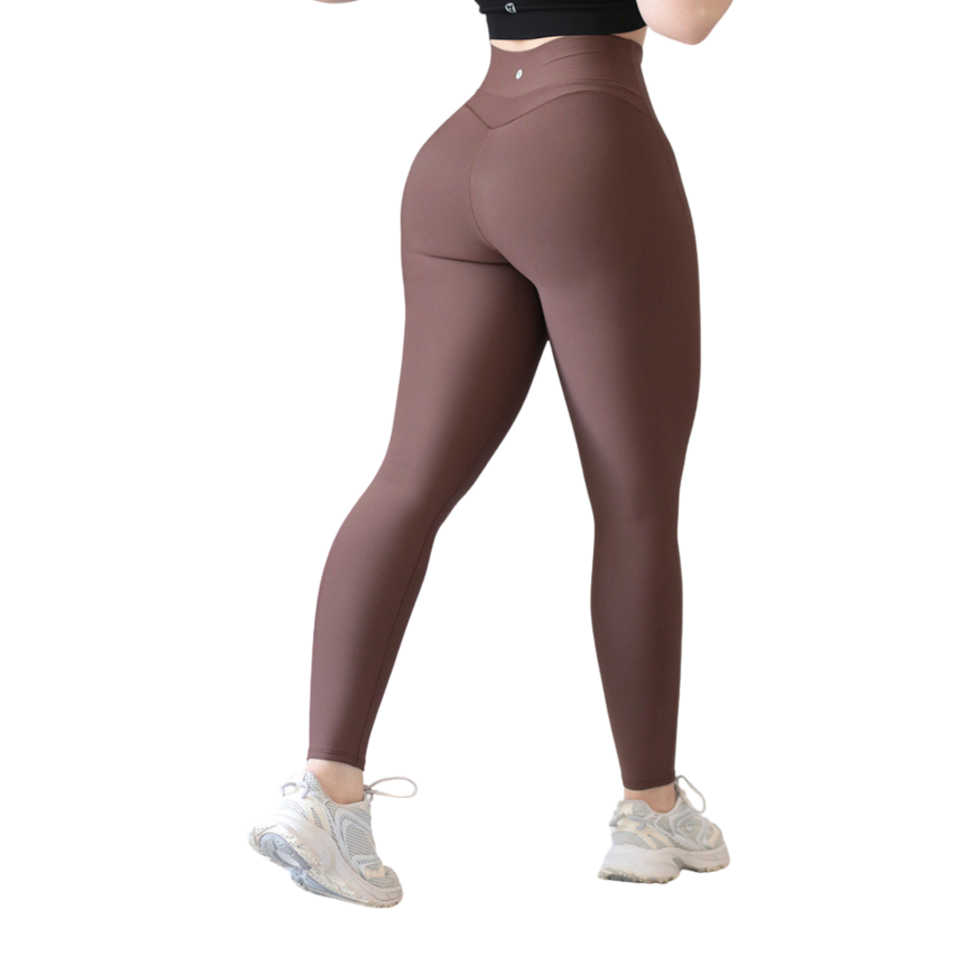 Leggings deportivos supplex para mujer, efecto básico con cintura alta, textil lycra transpirable con acabado liso. Color café | Adriana Olimpo