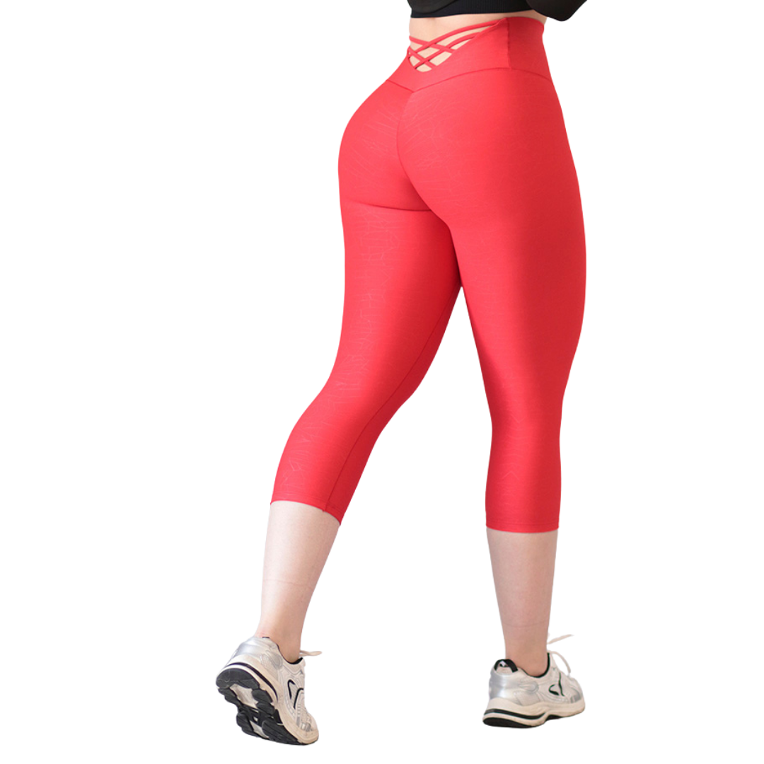 Capri Deportivos para Mujer Fitness: Efecto Push Up, Cintura Alta, Textil Lycra Transpirable con Relieves Elein, Color Roja | Adriana Olimpo