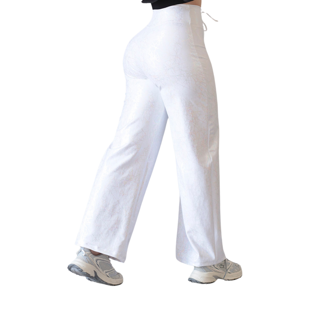 Pants Recto Deportivo Suplex para Mujer Fitness: Efecto Básico, Cintura Alta, Textil Lycra Transpirable con Destellos Reflectantes✨ y Relieves, Color Blanco | Adriana Olimpo