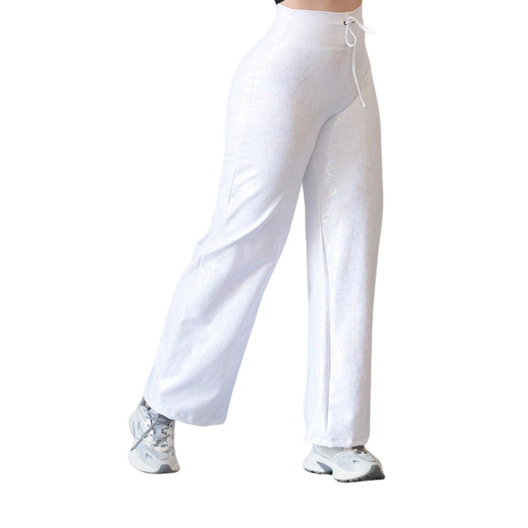 Pants Recto Deportivo Suplex para Mujer Fitness: Efecto Básico, Cintura Alta, Textil Lycra Transpirable con Destellos Reflectantes✨ y Relieves, Color Blanco | Adriana Olimpo