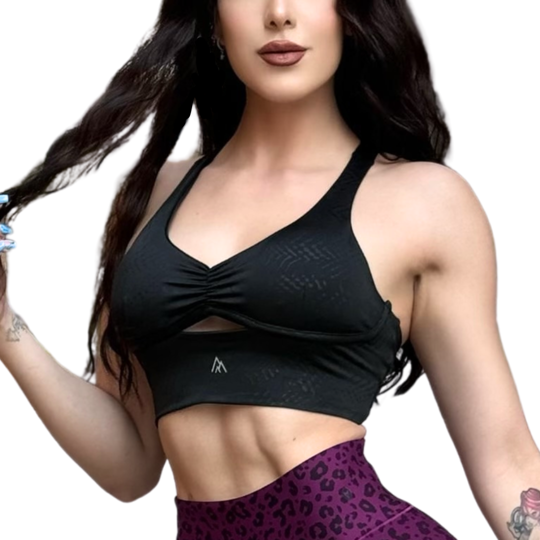 Top para Mujer Fitness: Efecto Alto Impacto, Ajuste Perfecto, Textil Texturizado Transpirable, Color Negro Eclipse | Adriana Olimpo