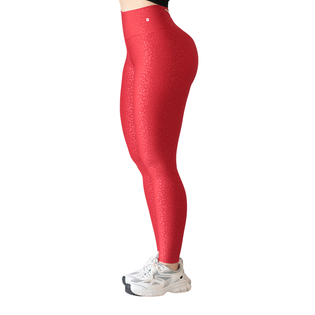 Leggings Deportivos para Mujer Fitness: Efecto Push Up, Cintura Alta, Textil Lycra Transpirable con Relieves de Leopardo, Color Rojo | Adriana Olimpo