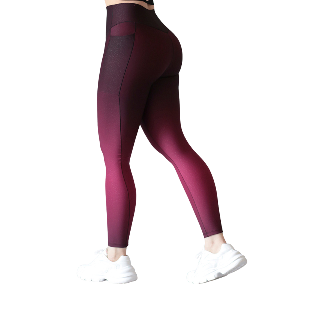 Leggings deportivos supplex para mujer, efecto básico con cintura alta, bolsillos laterales y textil lycra transpirable con relieves mini ball. Color tinta degradada | Adriana Olimpo
