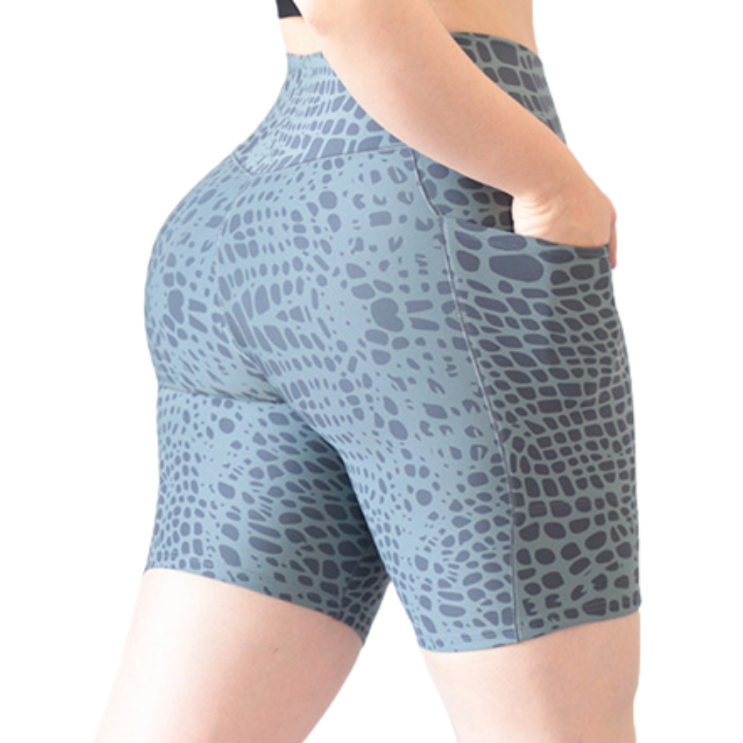 Biker Deportivos para Mujer Fitness: Efecto Básico, Cintura Alta, Con Bolsillos Laterales, Textil Lycra Transpirable con Acabado Liso Leopardo, Color Azul | Adriana Olimpo