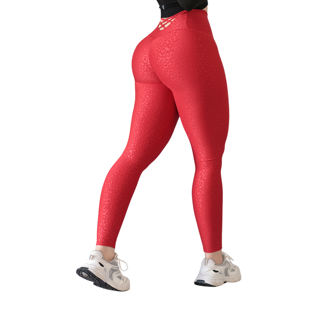 Leggings Deportivos para Mujer Fitness: Efecto Push Up, Cintura Alta, Textil Lycra Transpirable con Relieves de Leopardo, Color Rojo | Adriana Olimpo