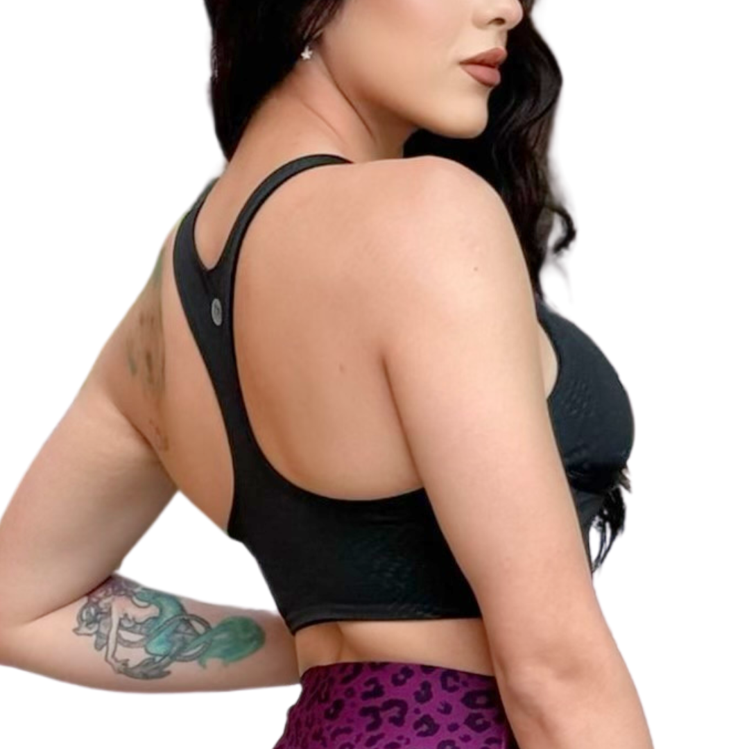 Top para Mujer Fitness: Efecto Alto Impacto, Ajuste Perfecto, Textil Texturizado Transpirable, Color Negro Eclipse | Adriana Olimpo