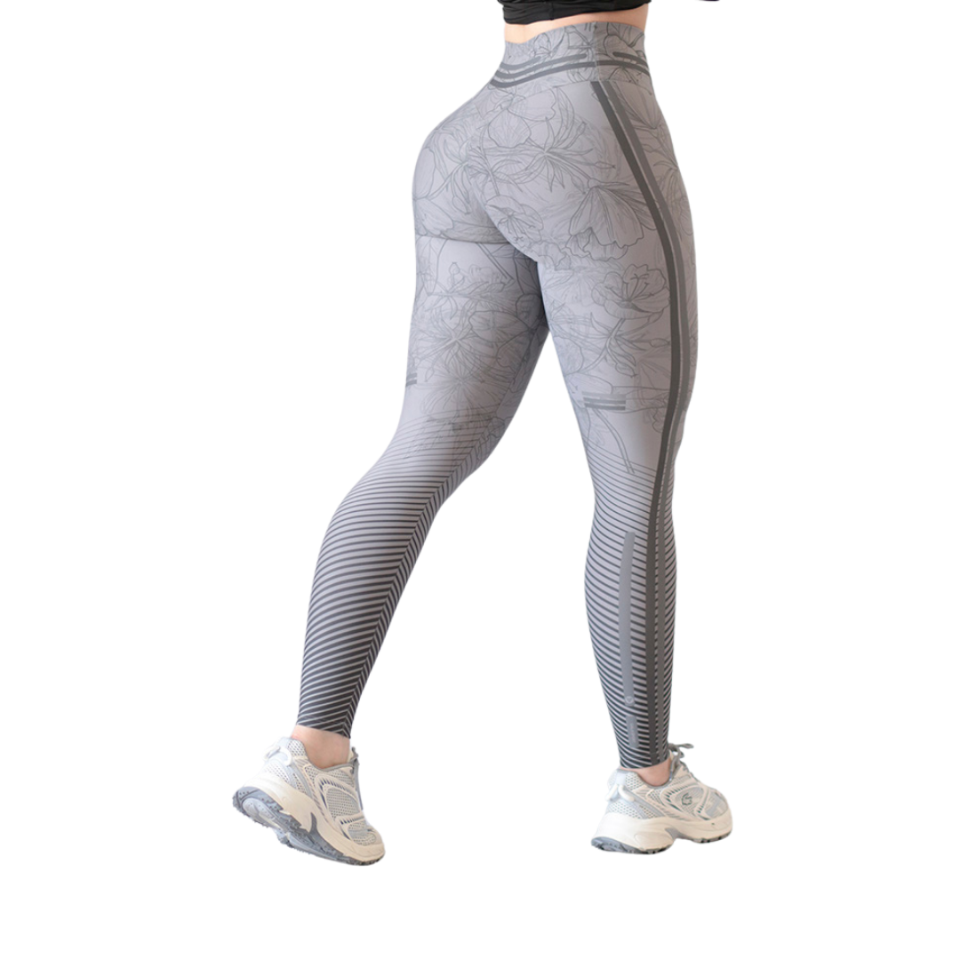 Leggings Deportivos para Mujer Fitness: Efecto Push Up, Cintura Alta, Textil Lycra Transpirable con Acabado Liso, Flores, Color Gris | Adriana Olimpo
