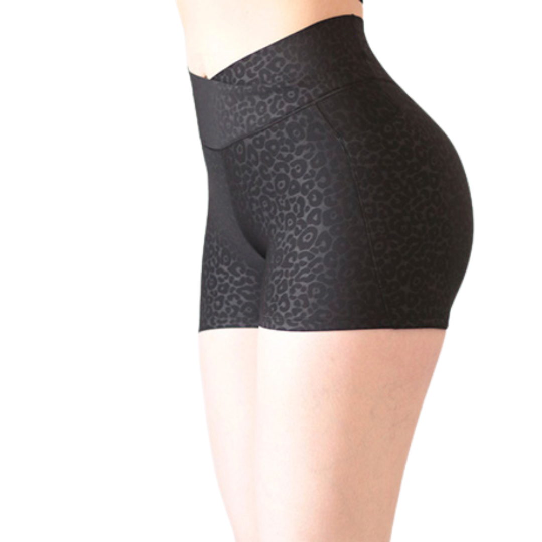 Short Mini Deportivos para Mujer Fitness: Efecto Básico, Cintura Alta, Con Bolsillos Laterales, Textil Lycra Transpirable con Relieves de Leopartdo, Color Negro | Adriana Olimpo