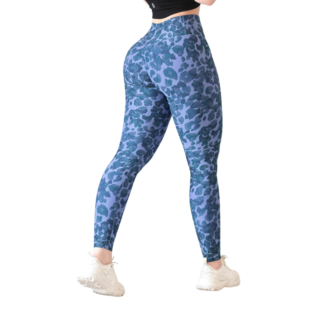 Leggings Deportivos para Mujer Fitness: Efecto Push Up, Cintura Alta, Textil Lycra Transpirable con Acabado Liso, Print, Color Azul | Adriana Olimpo