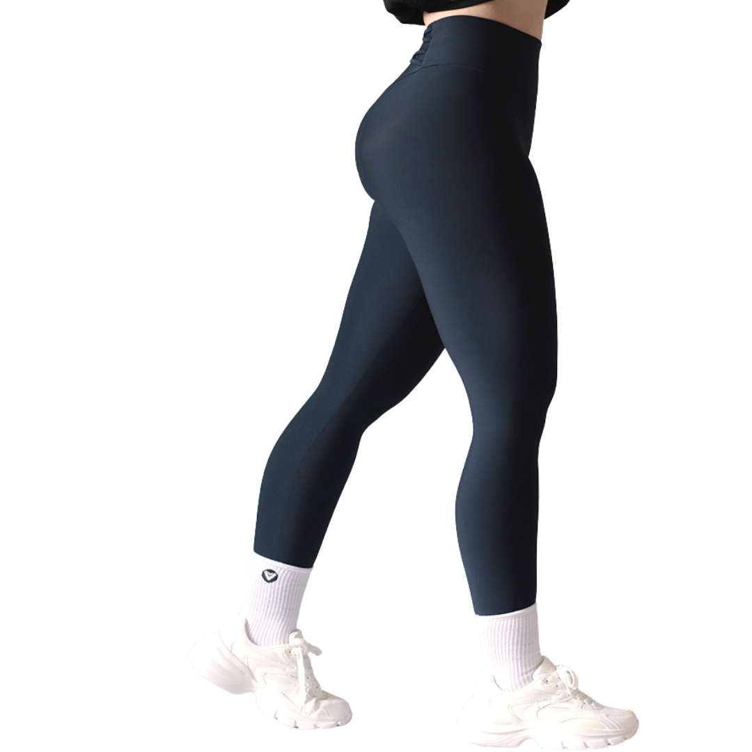 Leggings deportivos supplex para mujer, efecto push up con cintura alta, textil lycra transpirable con acabado liso. Color azul marino | Adriana Olimpo