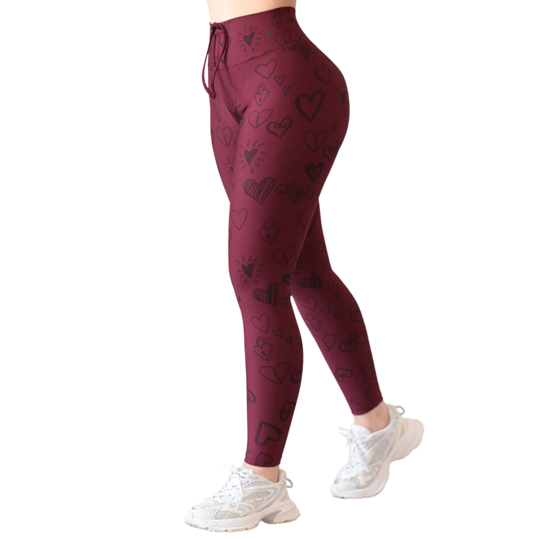 Leggings Deportivos para Mujer Fitness: Efecto Push Up, Cintura Alta, Textil Lycra Transpirable con Acabado Liso Corazón, Color Tinto | Adriana Olimpo