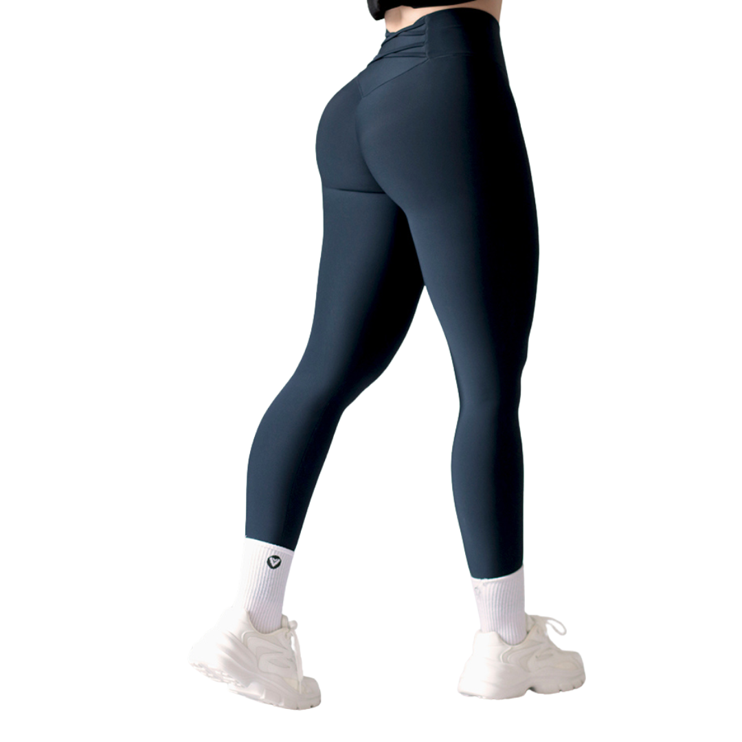 Leggings deportivos supplex para mujer, efecto push up con cintura alta, textil lycra transpirable con acabado liso. Color azul marino | Adriana Olimpo
