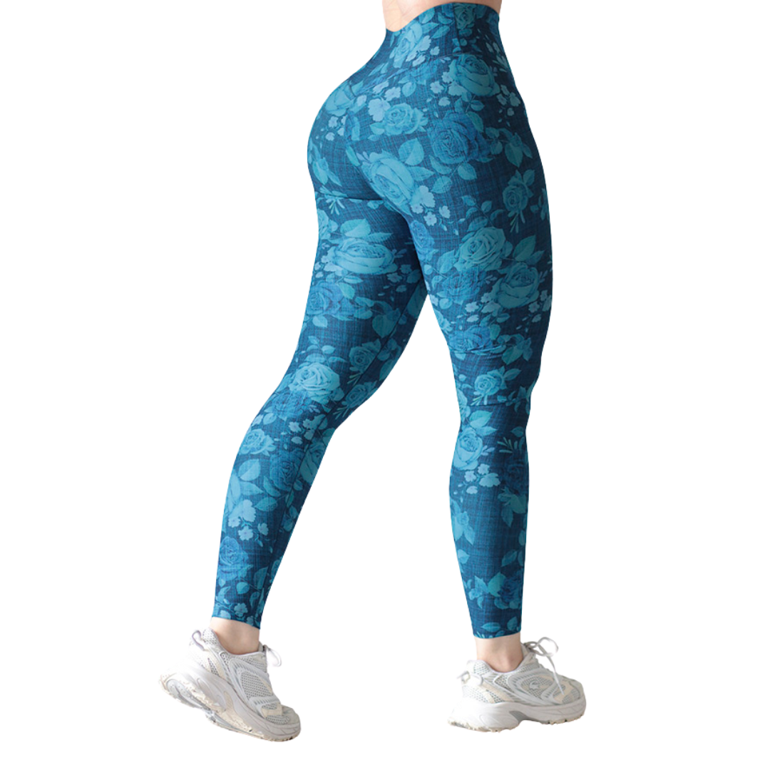 Leggings deportivos supplex para mujer, efecto push up con cintura alta, textil lycra transpirable con acabado liso rosas. Color azul | Adriana Olimpo