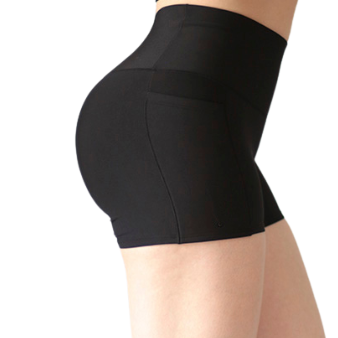 Short deportivos para mujer, efecto básico con cintura alta, textil lycra transpirable con acabado liso. Color negro | Adriana Olimpo
