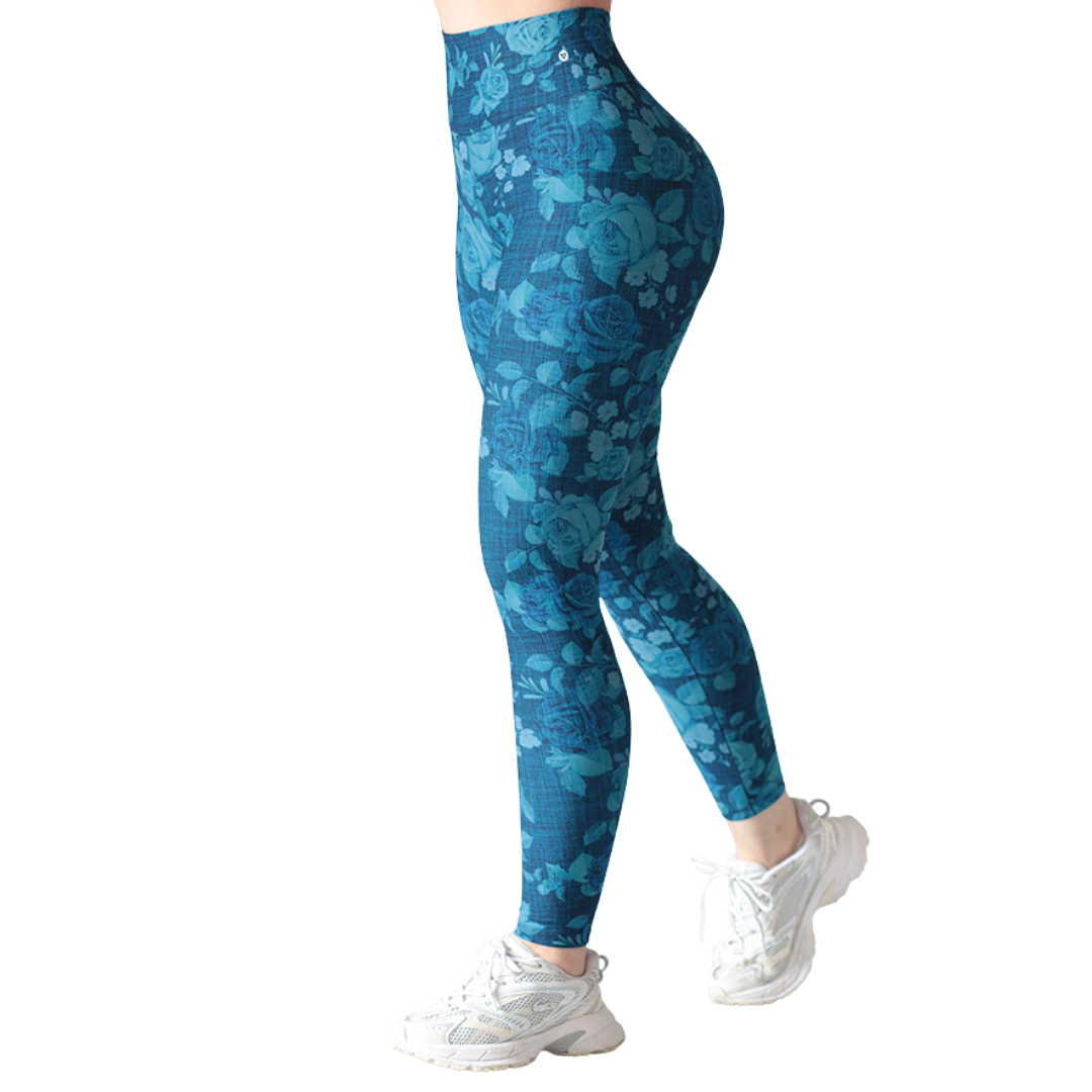 Leggings deportivos supplex para mujer, efecto push up con cintura alta, textil lycra transpirable con acabado liso rosas. Color azul | Adriana Olimpo