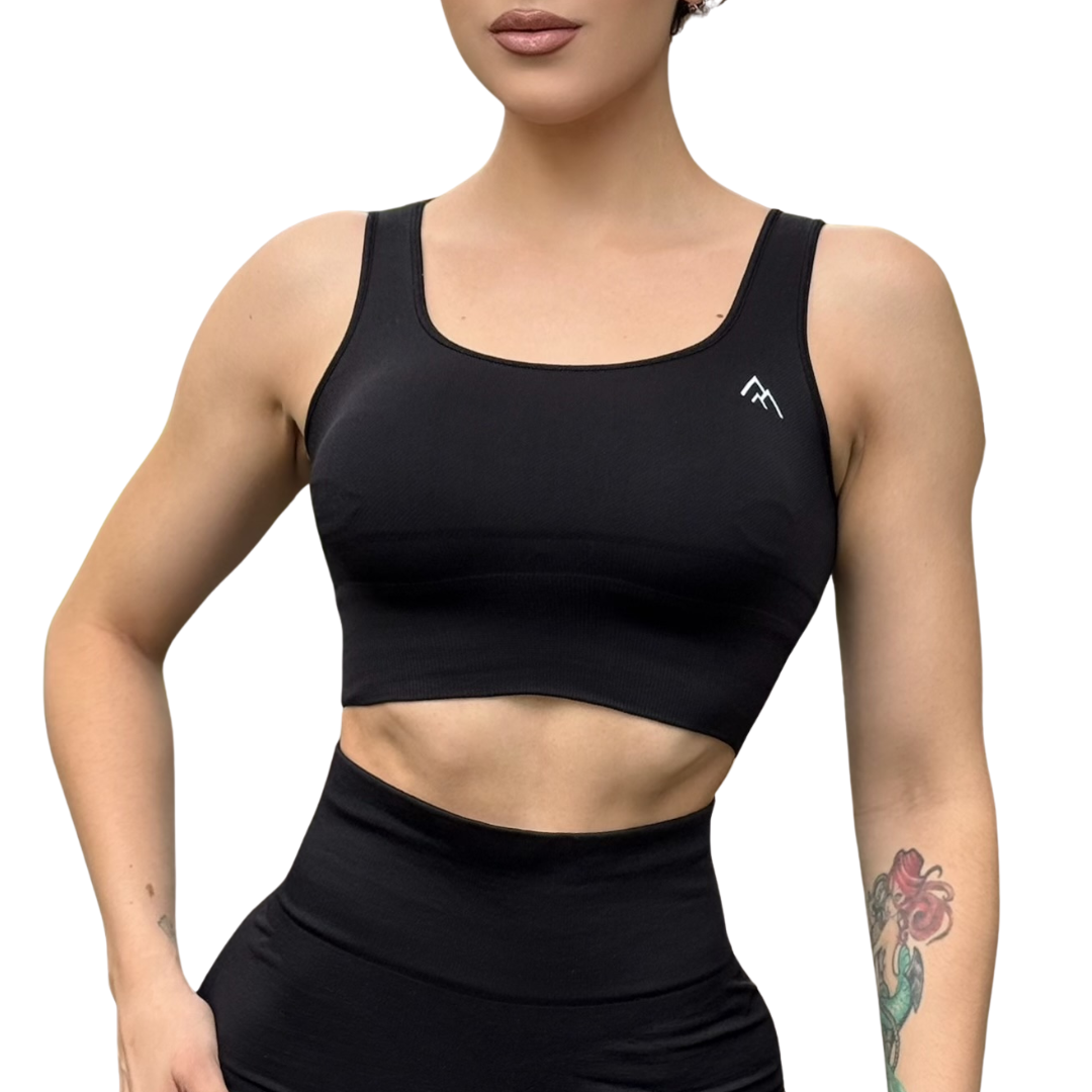 Top para Mujer Fitness: Efecto Alto Impacto Con Copas, Ajuste Perfecto, Textil Liso, Transpirable, Color Negro | Adriana Olimpo