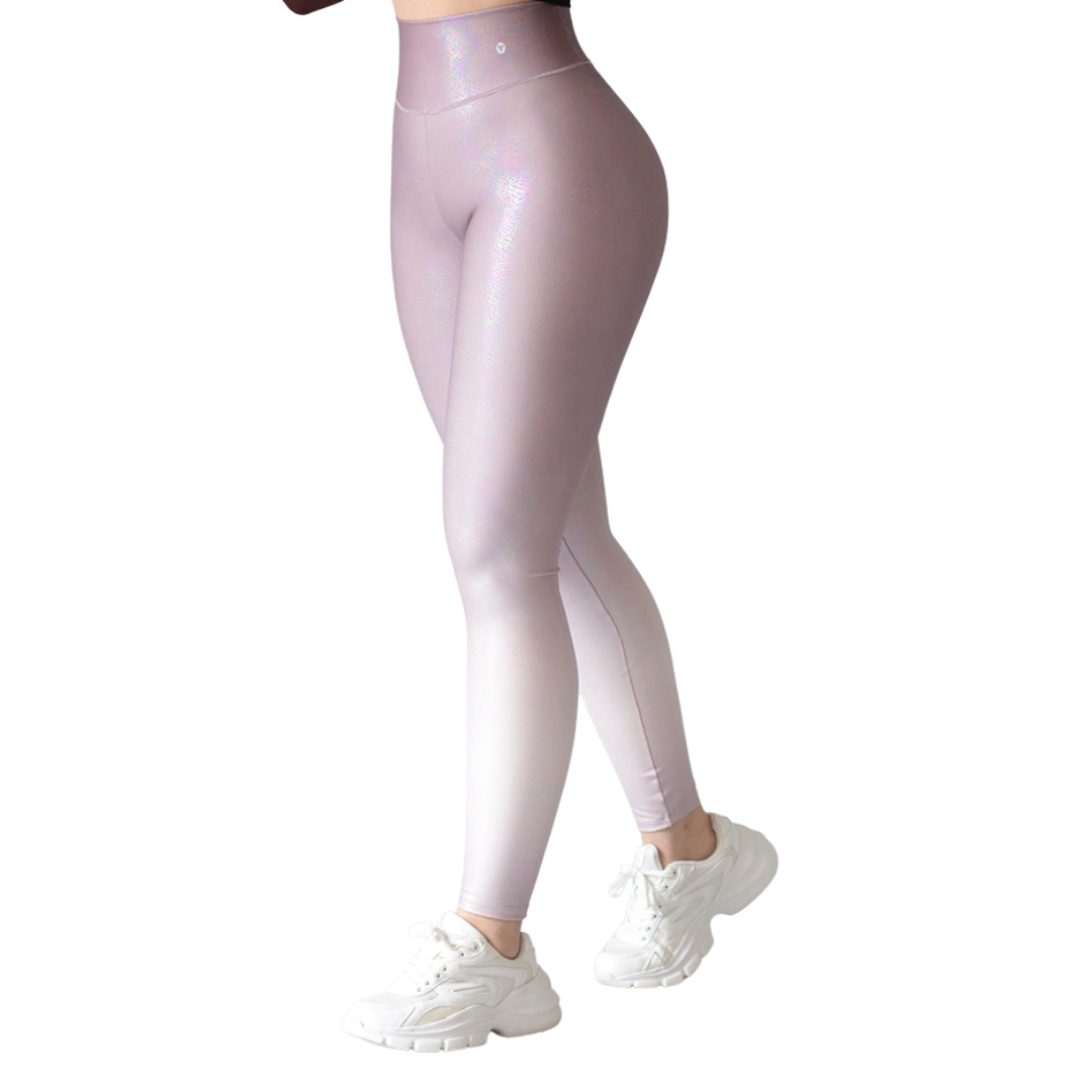 Leggings deportivos supplex para mujer, efecto push up con cintura alta, textil lycra transpirable con destellos ✨tornasol. Color malva degradado | Adriana Olimpo