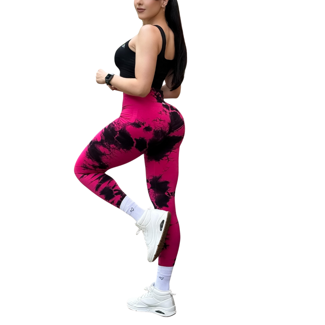 Leggings Deportivos Seamless de Compresión para Mujer Fitness: Glúteos Redondos, Vientre Plano y Cintura Definida | Push Up + Burbuja + Compresión Faja. Ultra Cómodos. Color fucsia y negro | Adriana Olimpo