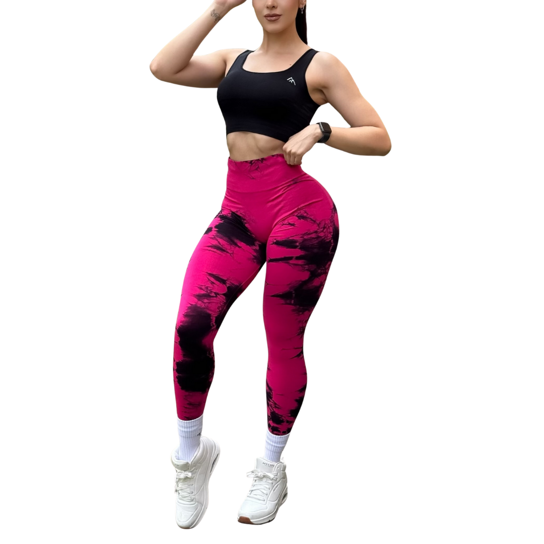 Leggings Deportivos Seamless de Compresión para Mujer Fitness: Glúteos Redondos, Vientre Plano y Cintura Definida | Push Up + Burbuja + Compresión Faja. Ultra Cómodos. Color fucsia y negro | Adriana Olimpo