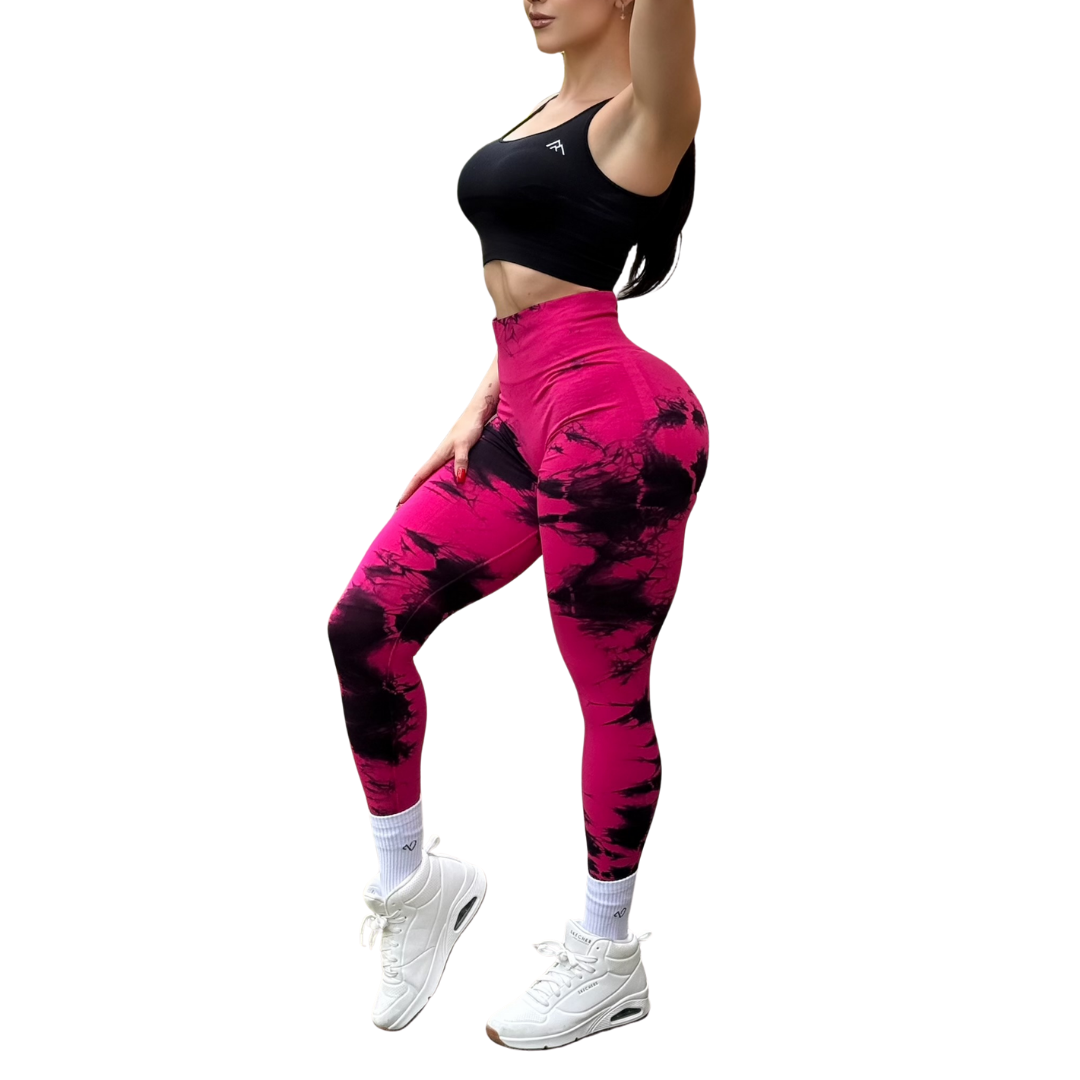 Leggings Deportivos Seamless de Compresión para Mujer Fitness: Glúteos Redondos, Vientre Plano y Cintura Definida | Push Up + Burbuja + Compresión Faja. Ultra Cómodos. Color fucsia y negro | Adriana Olimpo