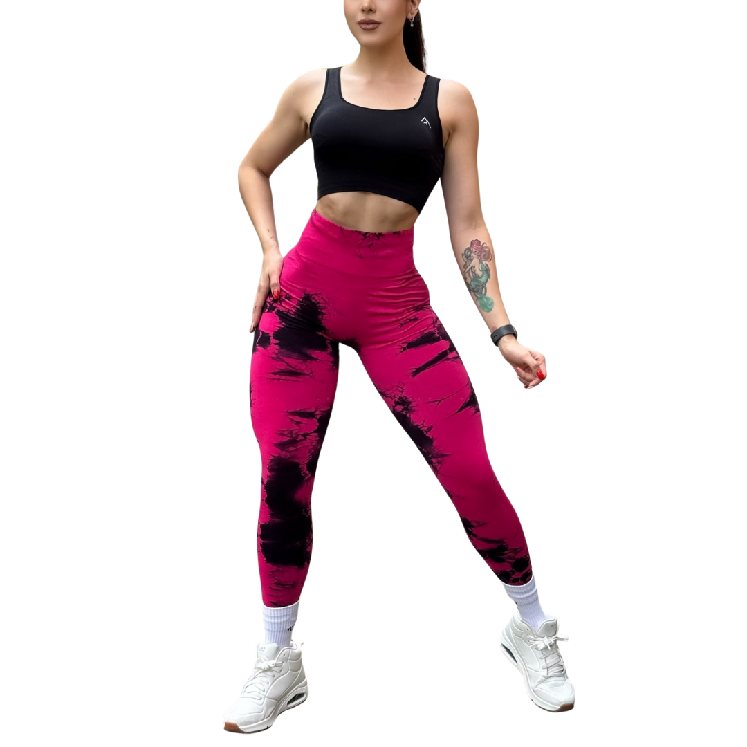 Leggings Deportivos Seamless de Compresión para Mujer Fitness: Glúteos Redondos, Vientre Plano y Cintura Definida | Push Up + Burbuja + Compresión Faja. Ultra Cómodos. Color fucsia y negro | Adriana Olimpo