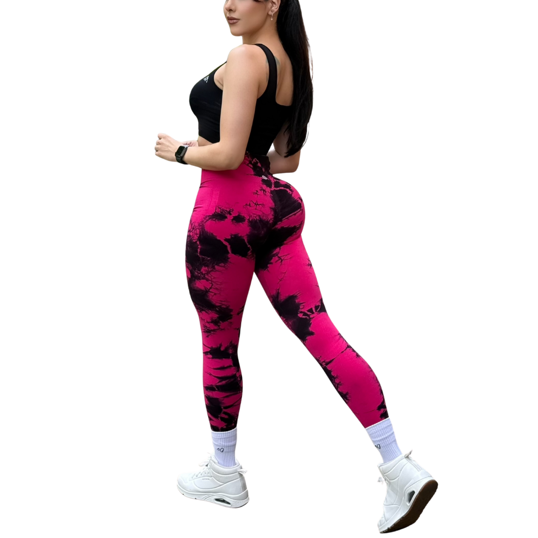 Leggings Deportivos Seamless de Compresión para Mujer Fitness: Glúteos Redondos, Vientre Plano y Cintura Definida | Push Up + Burbuja + Compresión Faja. Ultra Cómodos. Color fucsia y negro | Adriana Olimpo