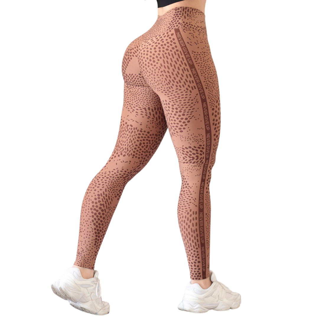 Leggings Deportivos para Mujer Fitness: Efecto Push Up, Cintura Alta, Textil Lycra Transpirable con Acabado Liso Leopardo, Color Caramelo | Adriana Olimpo
