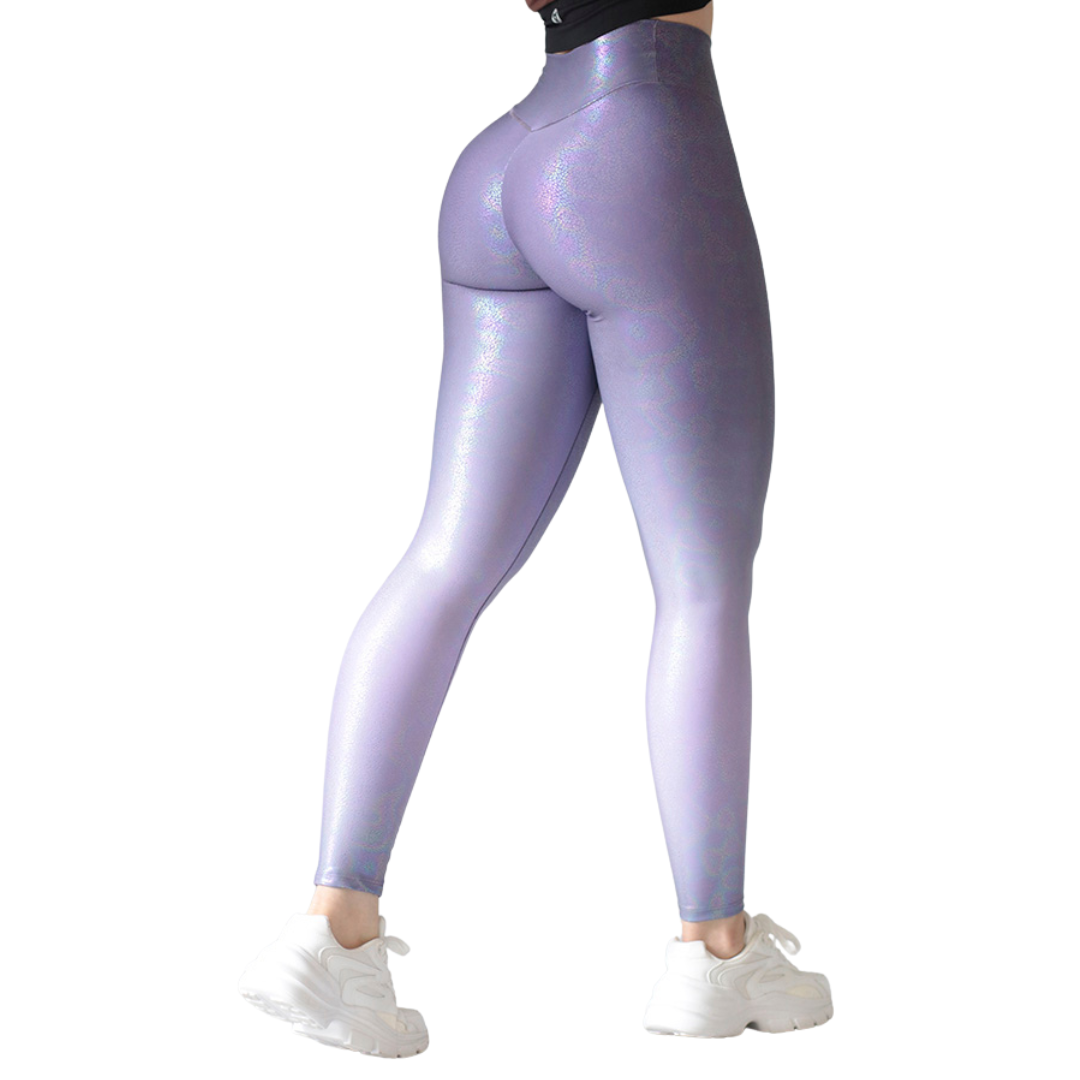 Leggings deportivos supplex para mujer, efecto push up con cintura alta, textil lycra transpirable con destellos ✨ tornasol. Color morado degradado| Adriana Olimpo